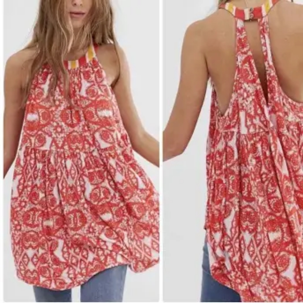 Free People Mimi Linen Blend Boho Tunic Halter in Lavender Combo